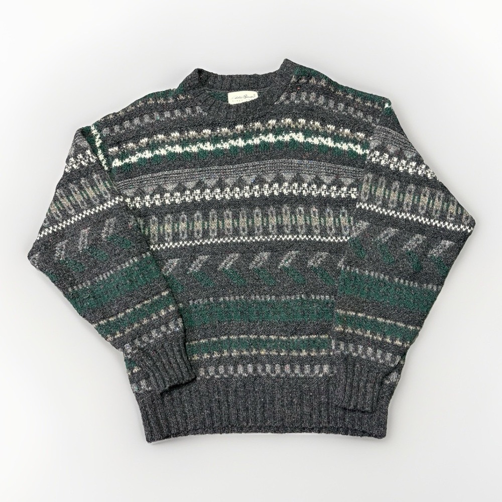 Eddie Bauer Vtg Sweater Mens Med Gray Green Aztec Wool Blend Fair Isle 90s USA
